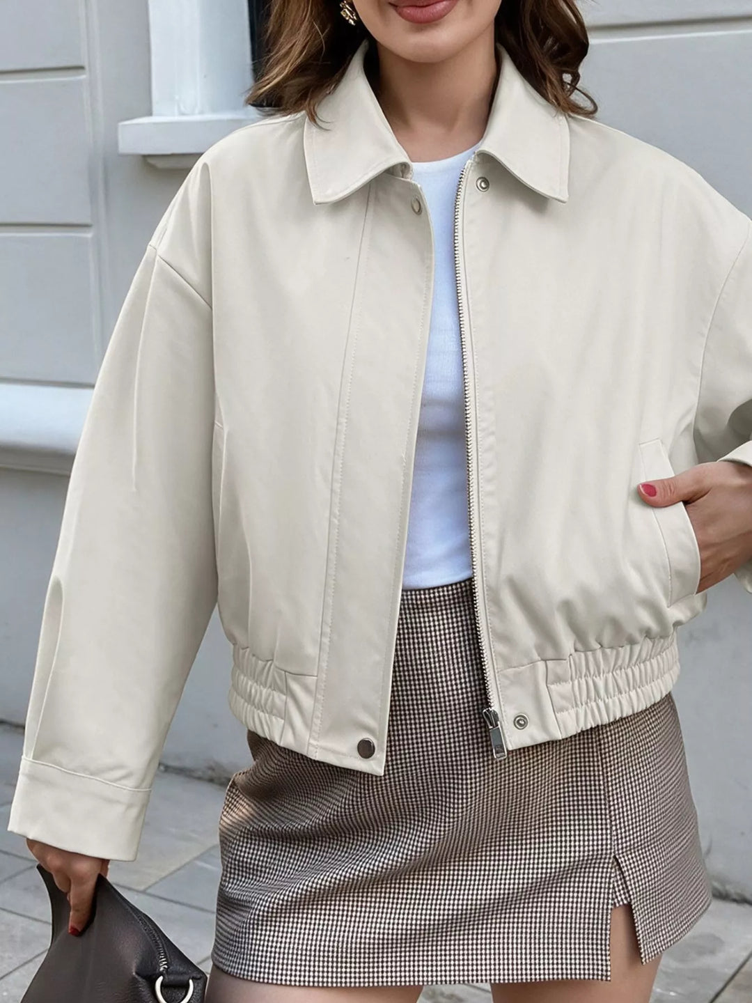 Cropped faux leather bomber jacket with collar and zip front