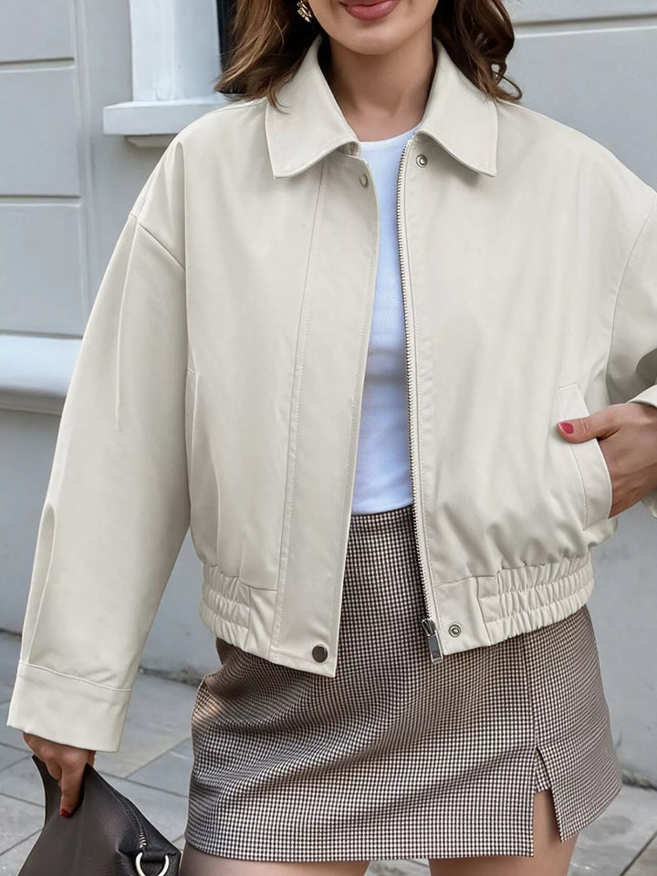 Cropped faux leather bomber jacket with collar and zip front