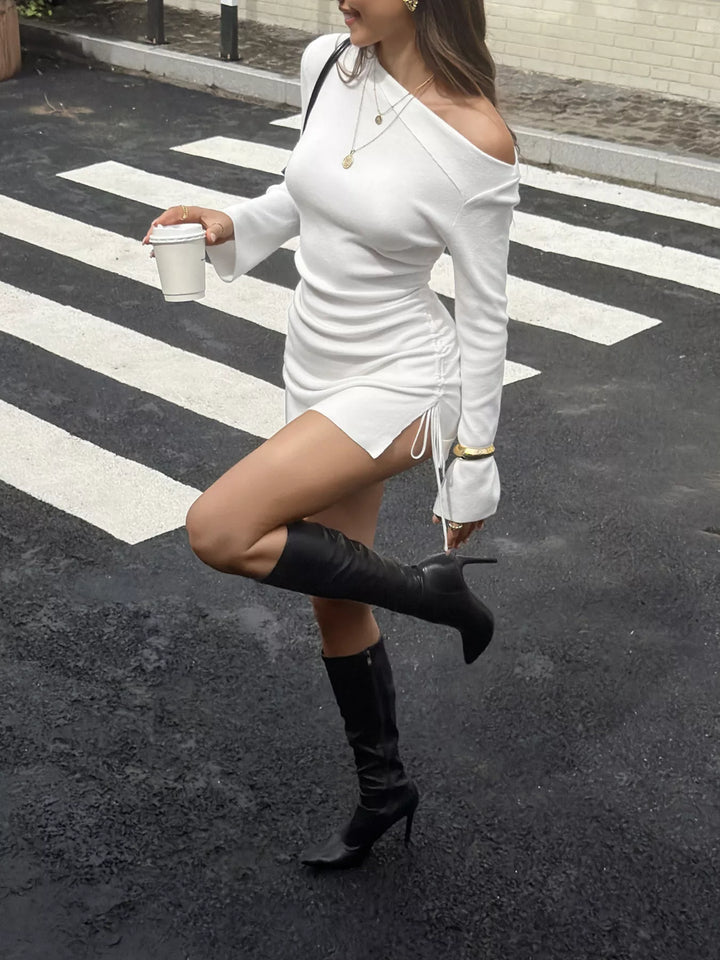 One-shoulder ruched knit bodycon mini dress with side drawstring