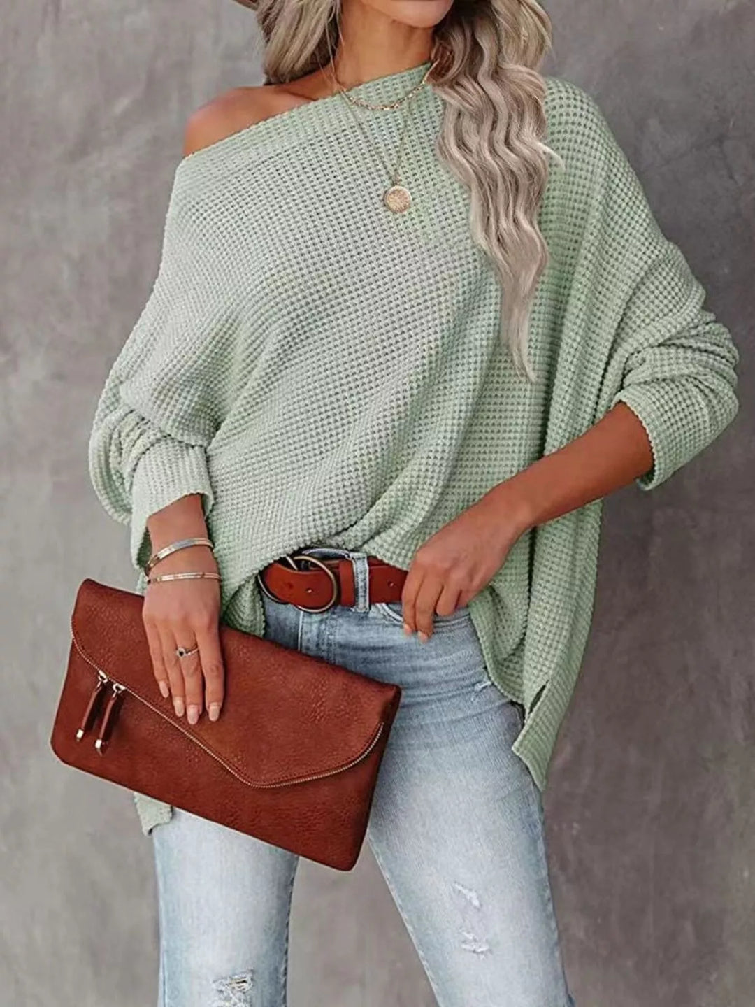 Yellowish Green Oversized waffle-knit boat neck long sleeve top