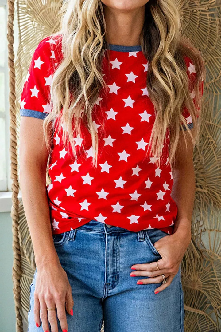 Star print short sleeve tee with contrast binding collar and cuffs