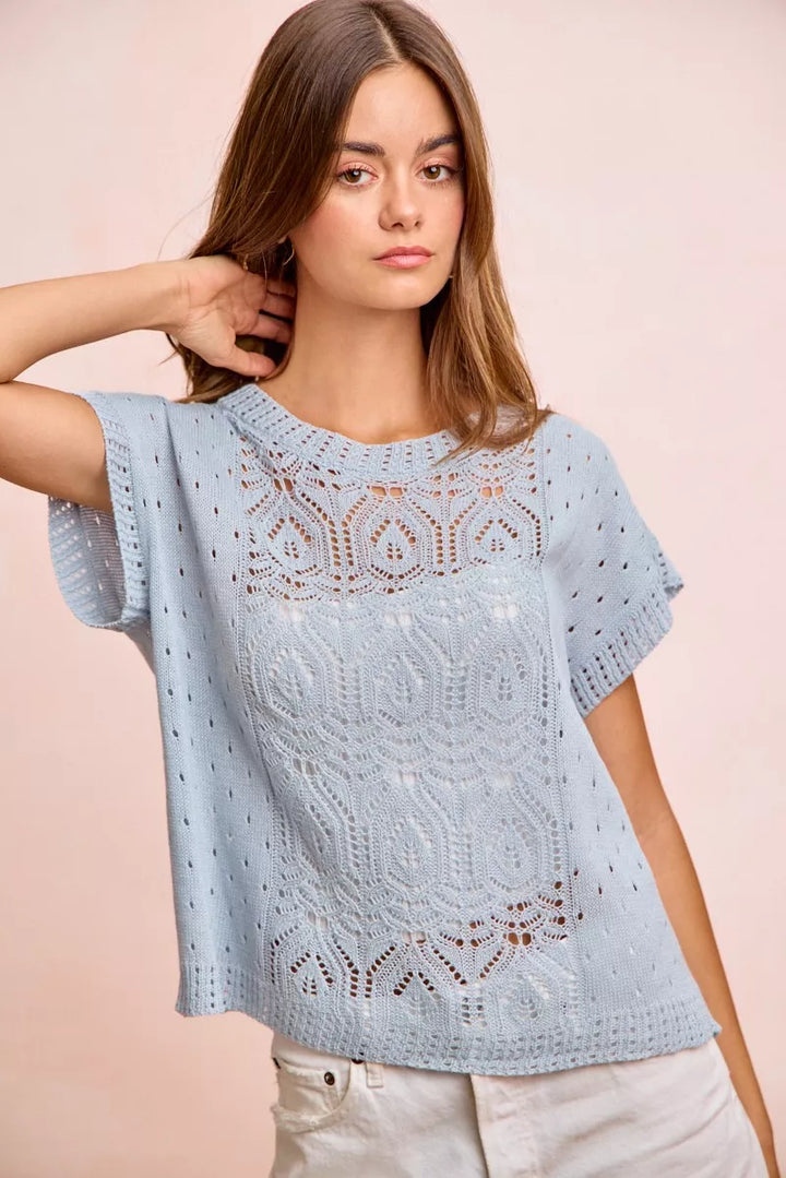 Washed eyelet openwork knit short sleeve top
