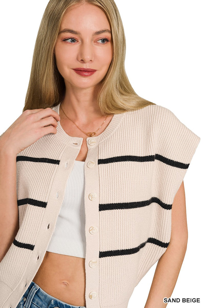 Striped ribbed knit sweater vest with button-down front