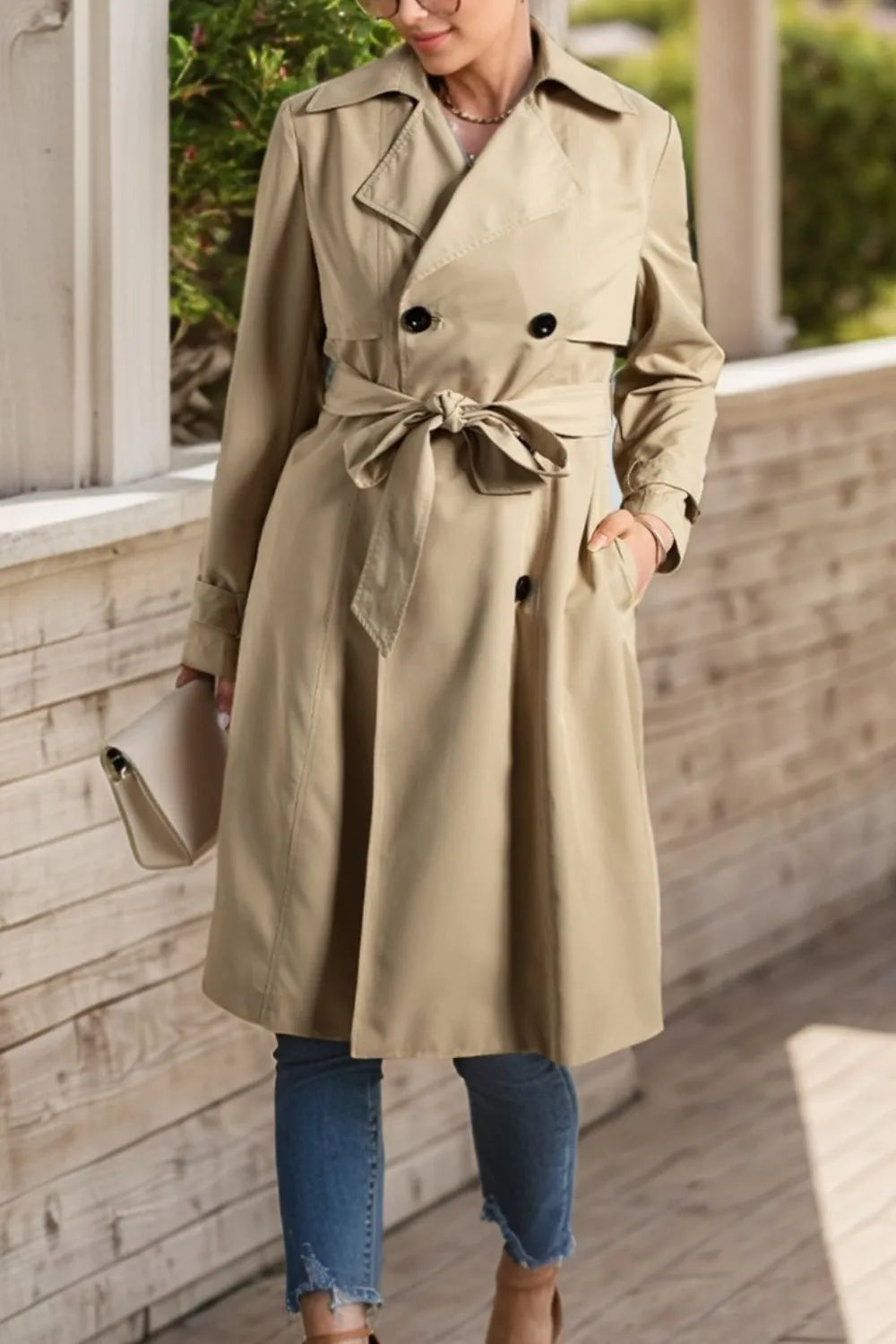 Dust Storm Double-breasted tie waist trench coat with notched collar