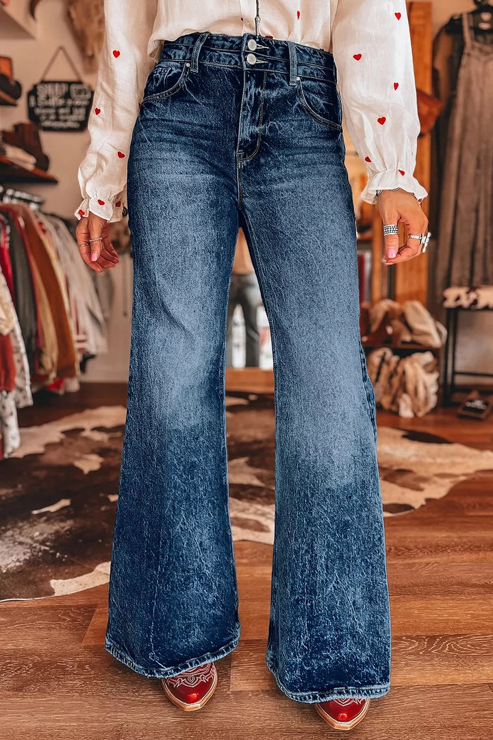 Acid wash high-rise wide flare jeans with double-button waist