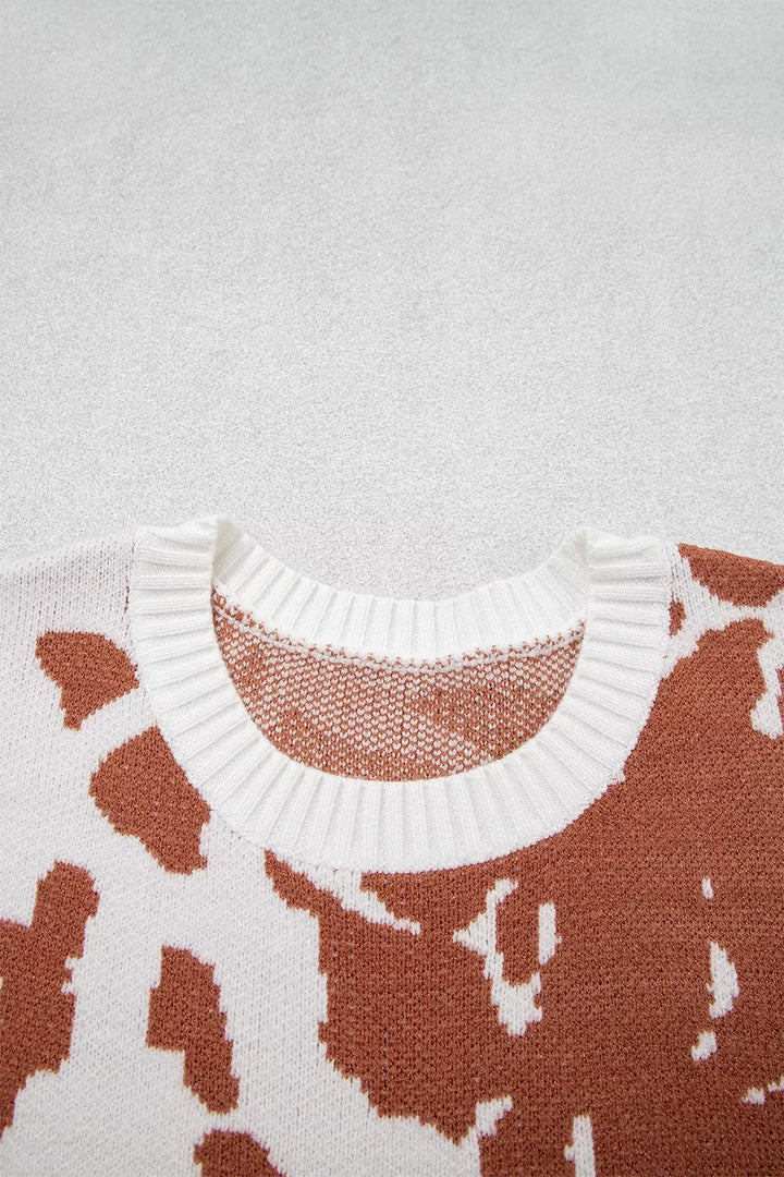 Cow print drop shoulder crewneck sweater