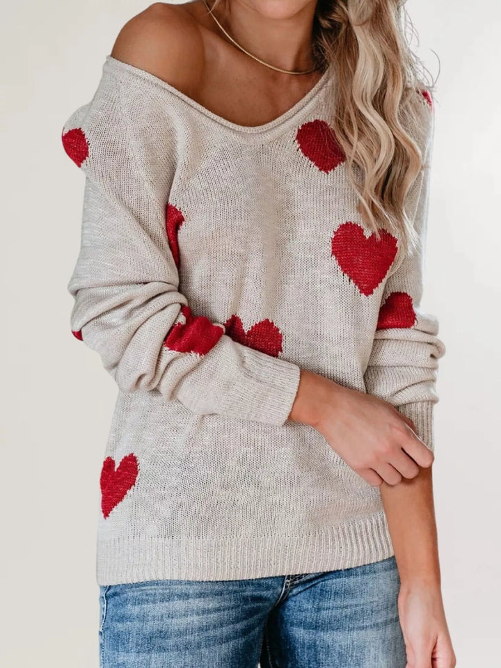 Heart pattern knit pullover sweater with V-neck
