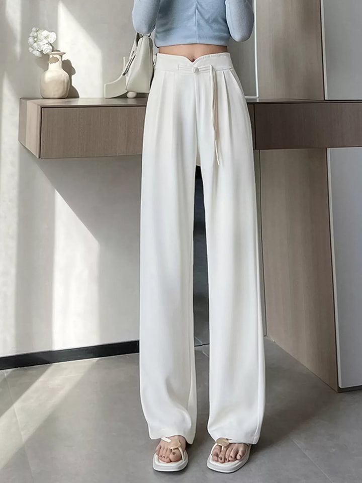 White High-rise wide-leg pants with pleated front and tie waist