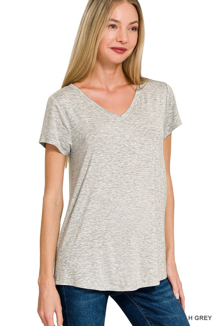 H GREY Rayon short sleeve V-neck tee with rounded hem
