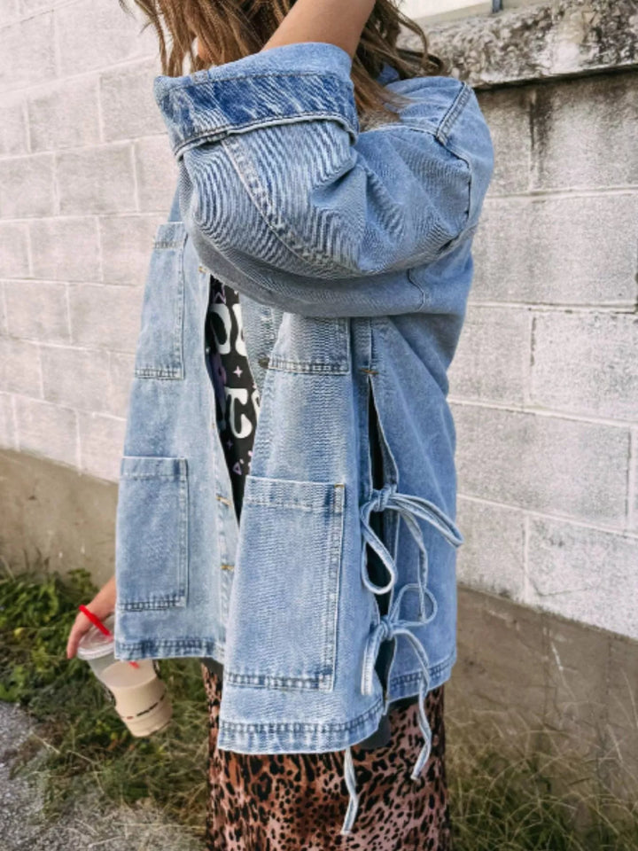 Oversized denim jacket with patch pockets and side ties