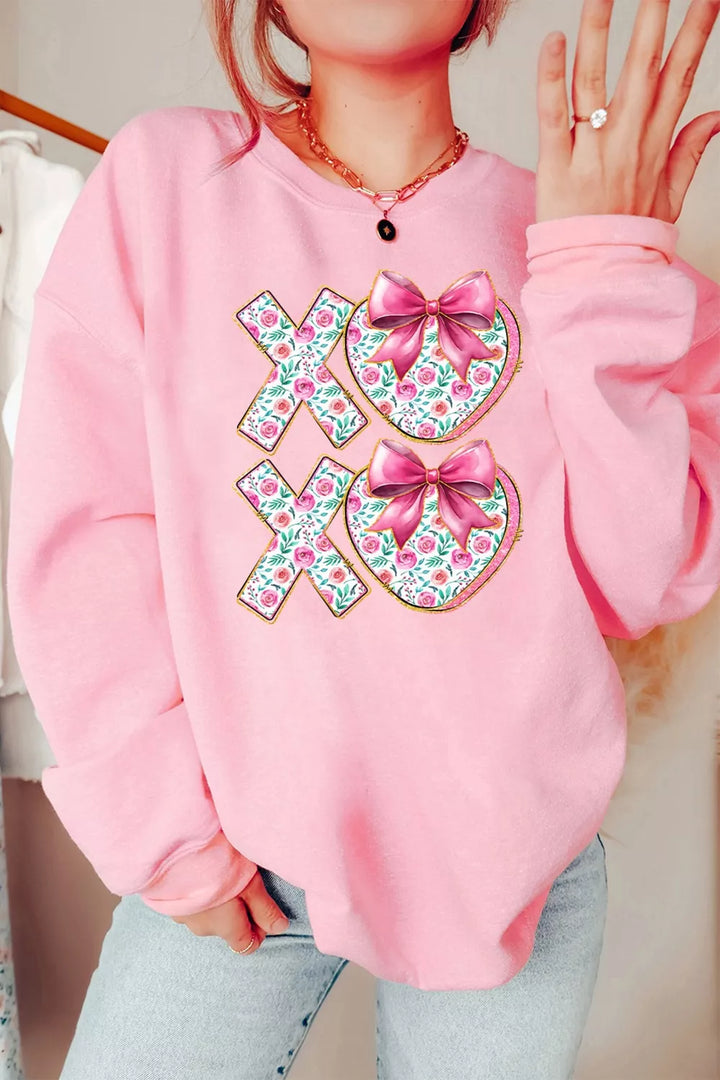 Floral XOXO graphic crewneck sweatshirt with bow hearts