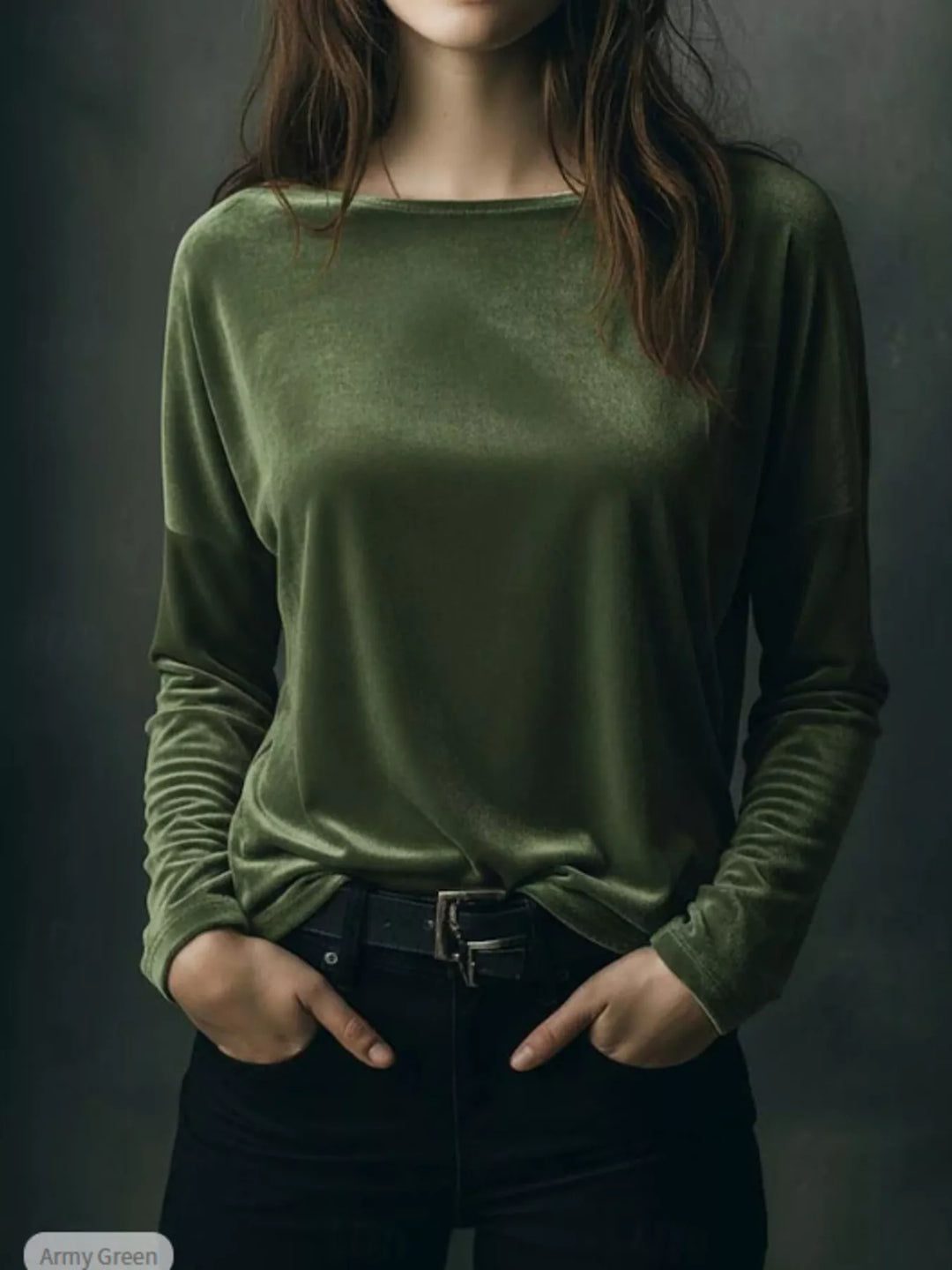 Moss Velvet long sleeve boat neck top with dropped shoulders