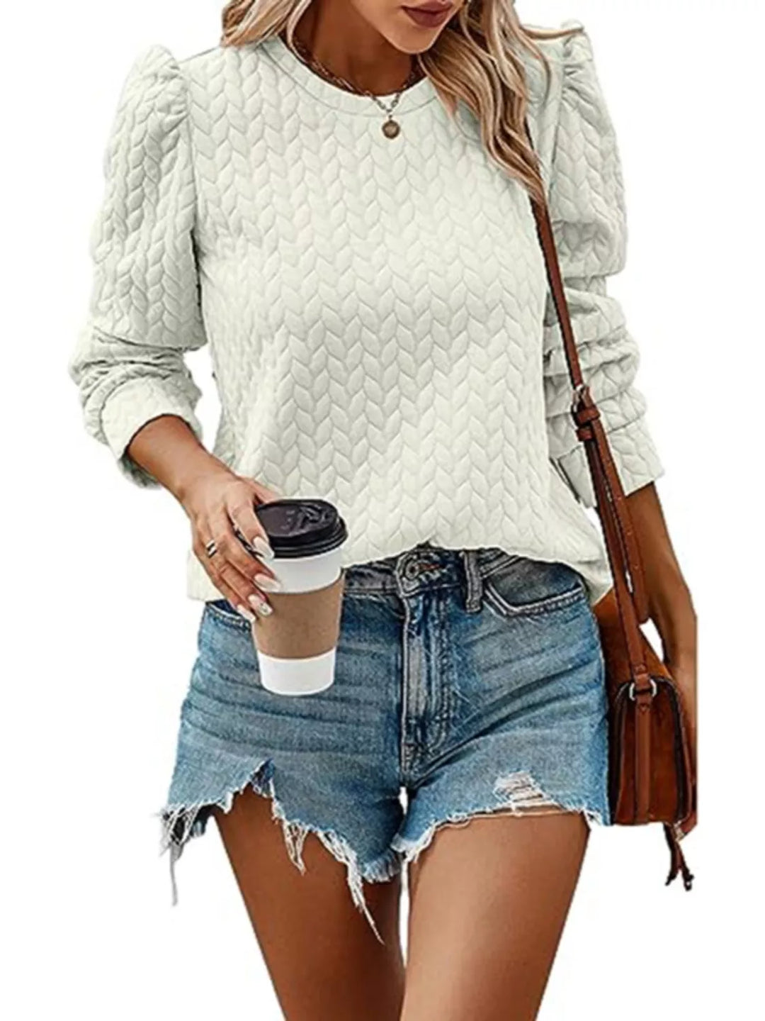 Beige Textured cable-knit puff sleeve pullover top