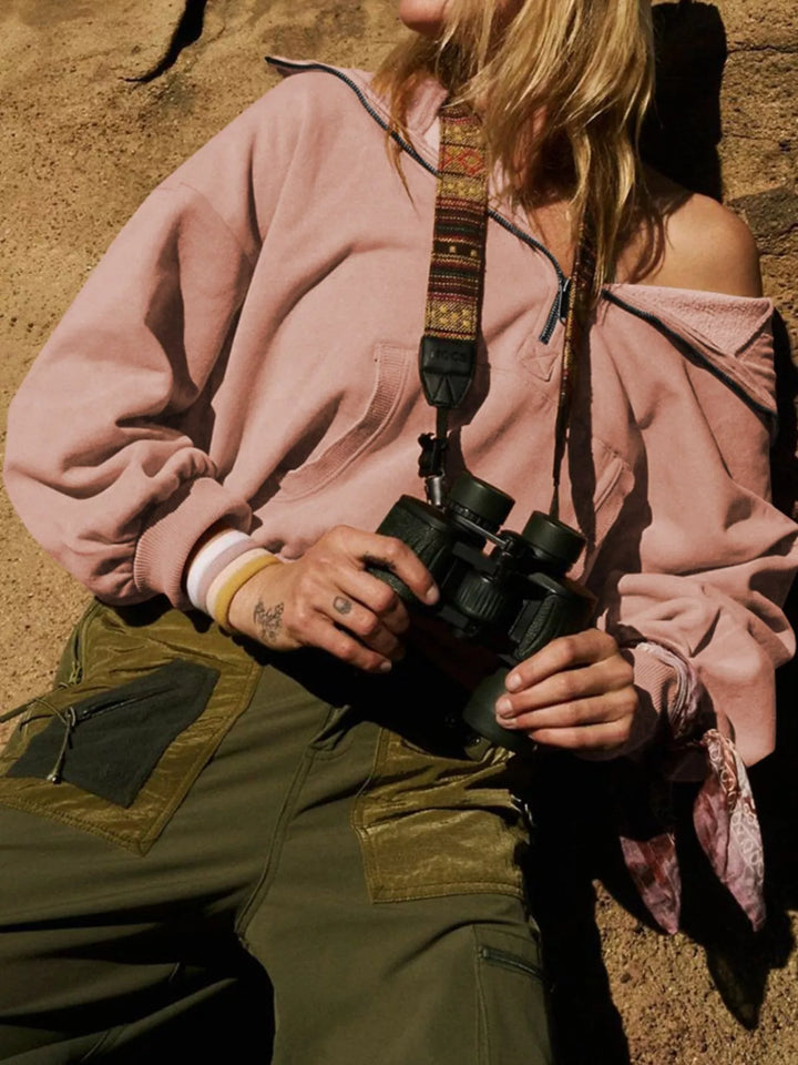 Half-zip hoodie with dropped shoulders and kangaroo pocket