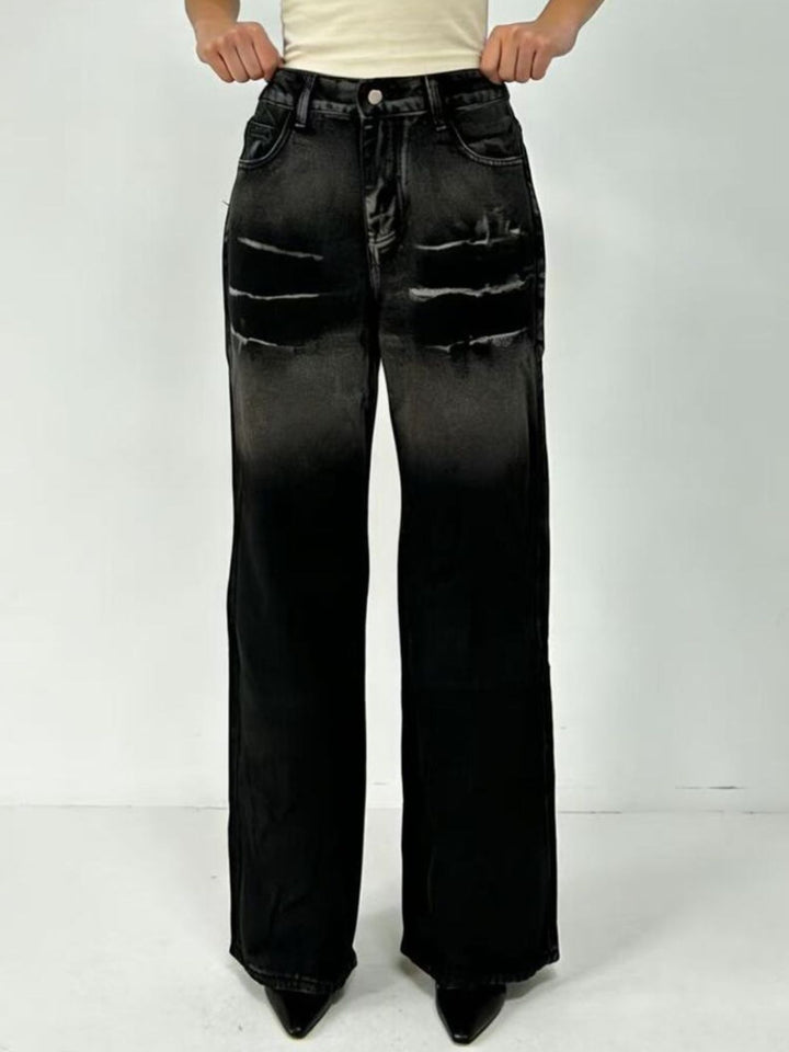 Distressed wide-leg jeans with faded thigh wash