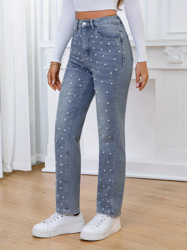 Pearl embellished high-rise straight leg jeans