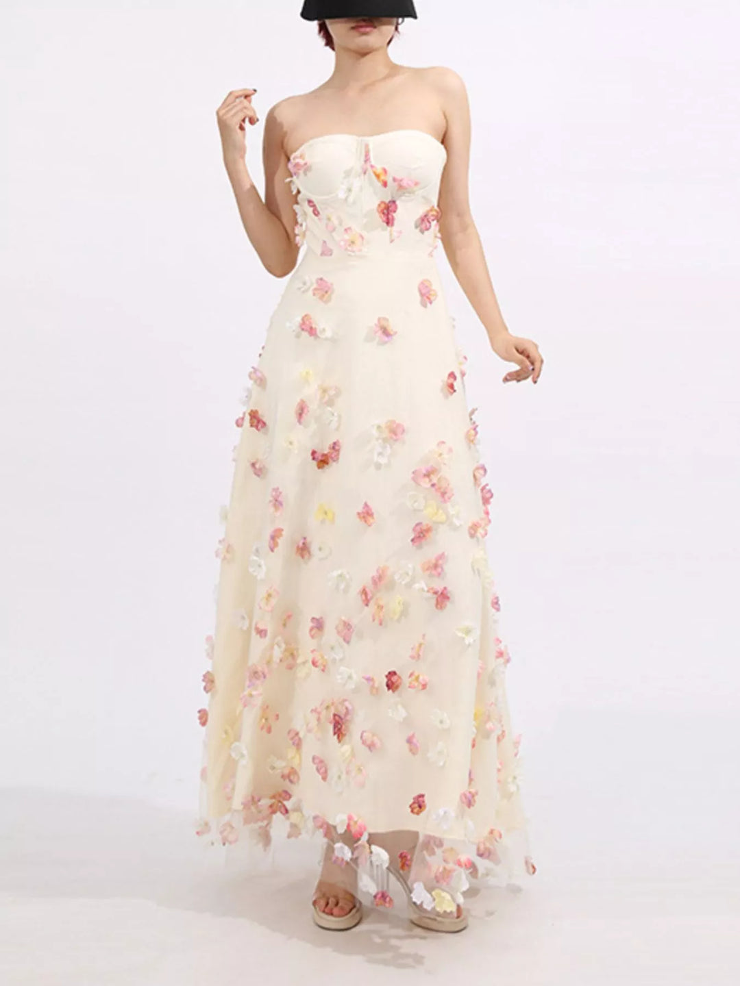 Strapless tulle maxi dress with 3D floral appliques