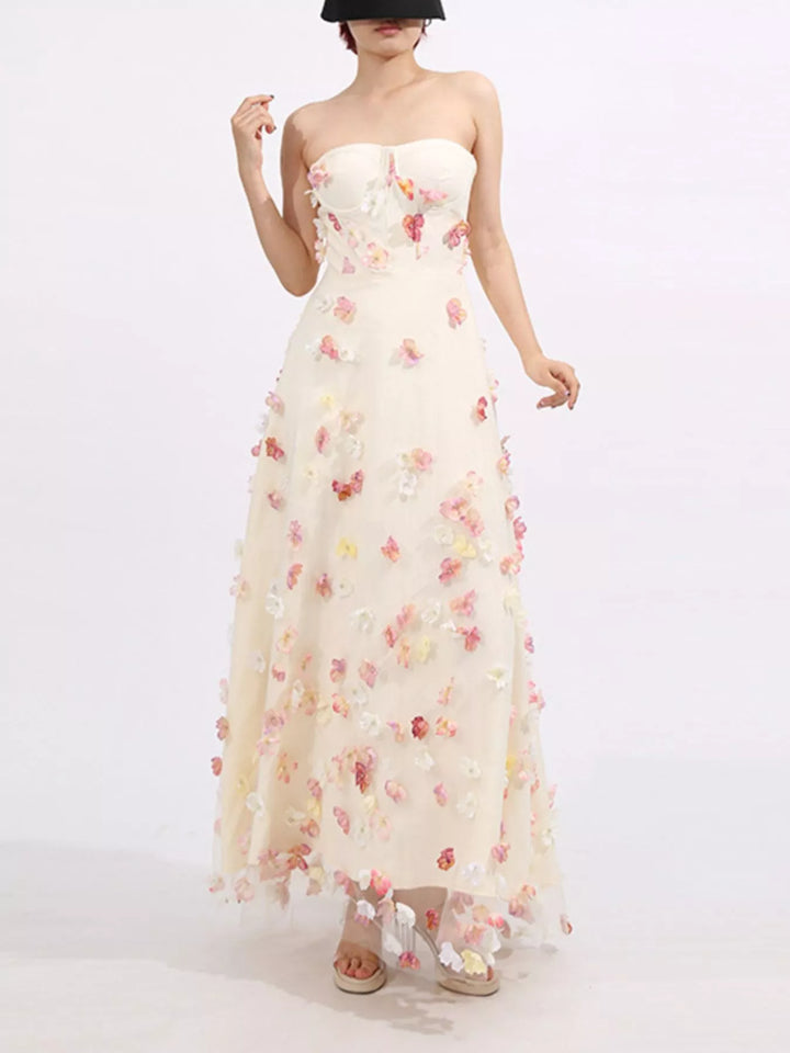Strapless tulle maxi dress with 3D floral appliques