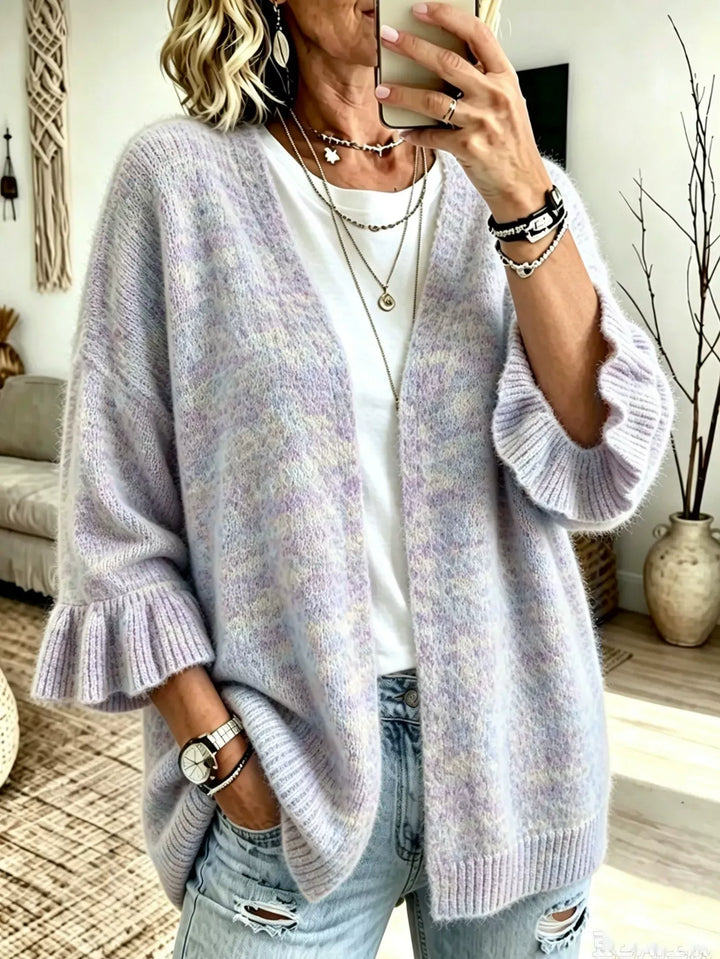 Multicolor Ruffle bell sleeve open-front knit cardigan