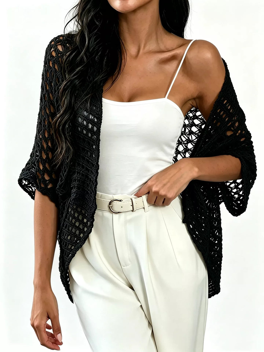 Black Open front crochet cardigan with elbow-length dolman sleeves