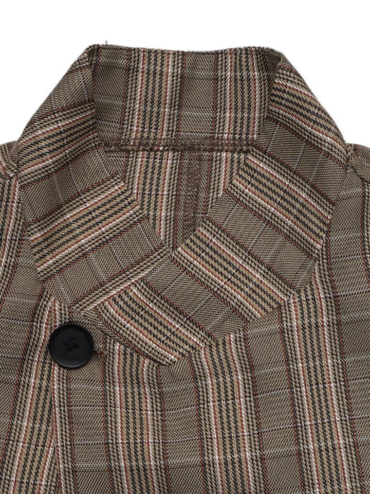 Plaid asymmetric single-button blazer with stand collar
