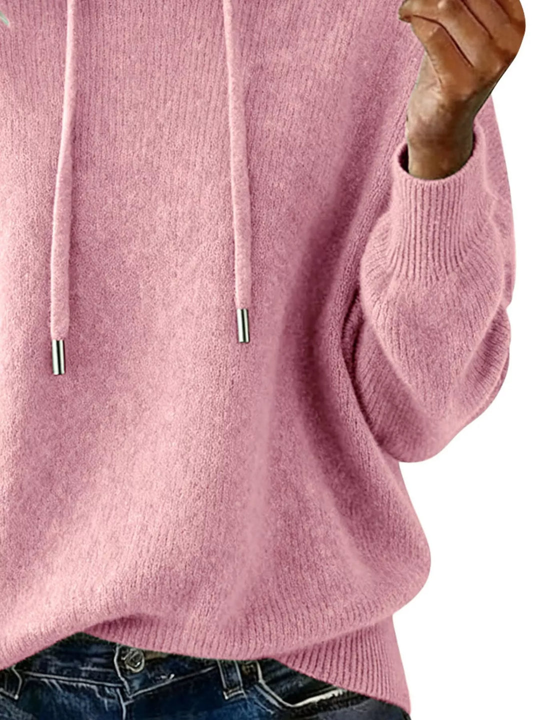 Drawstring hooded knit pullover sweater with ribbed cuffs