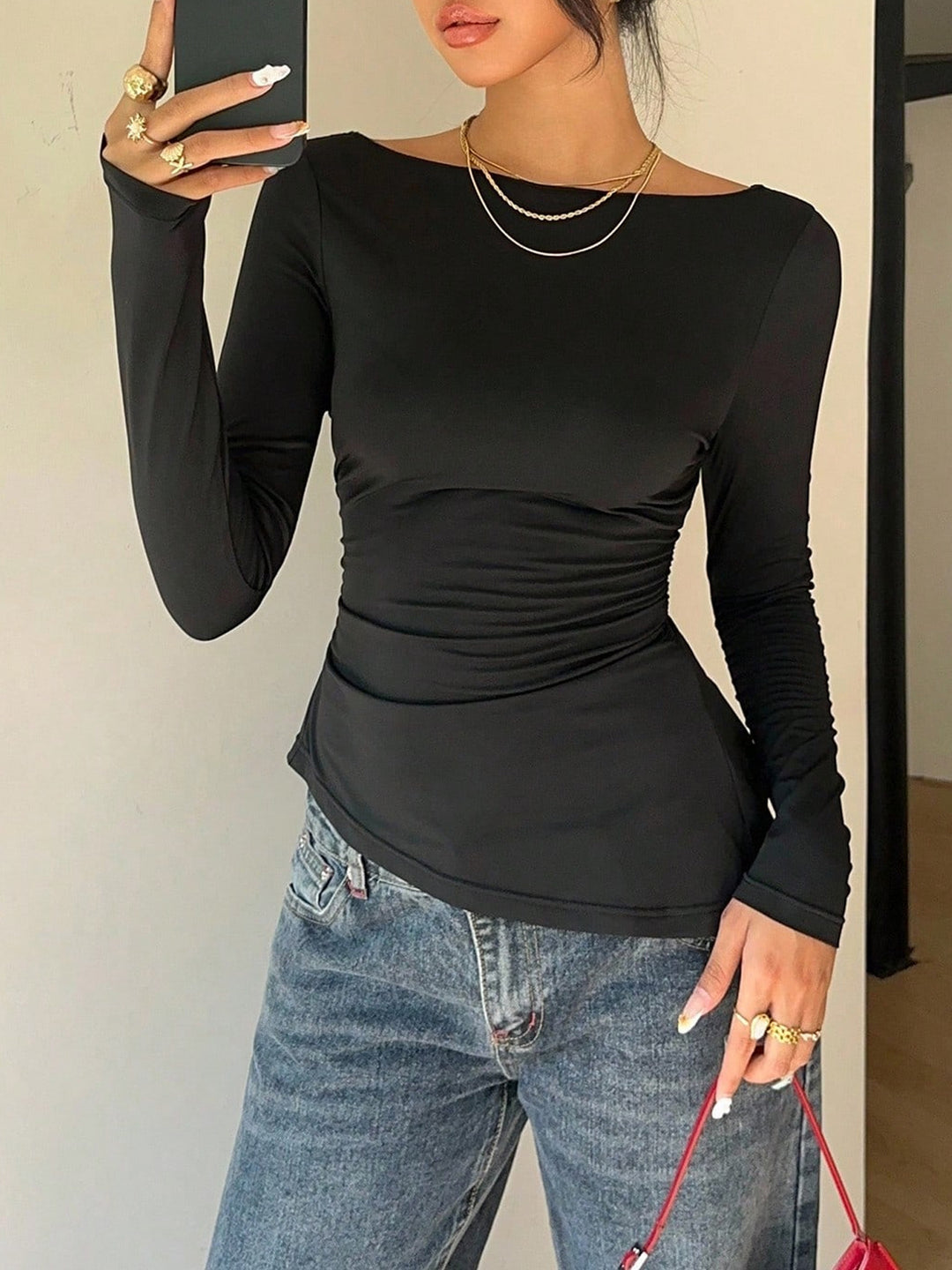 Ruched waist long sleeve top with lace back and bow detail