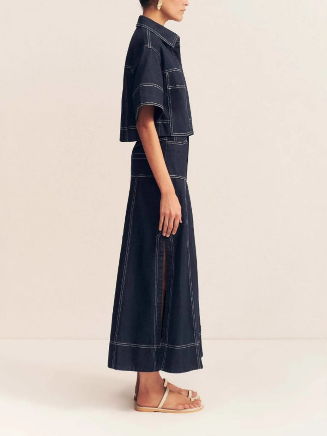 High-waist contrast stitch denim maxi skirt with side slit