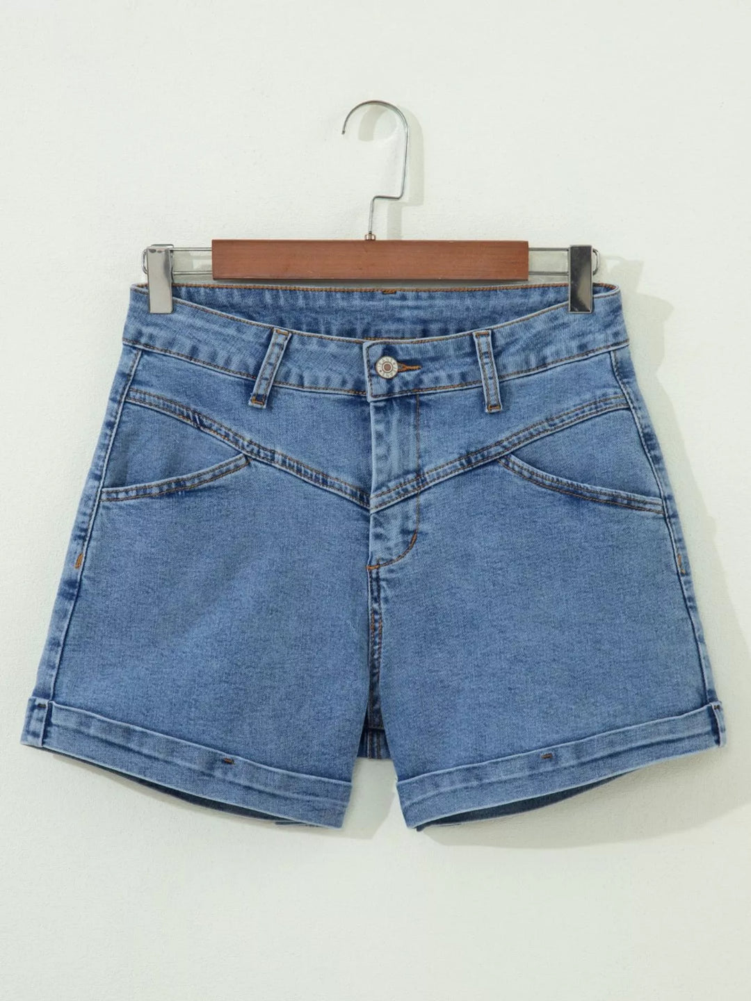 High-rise cuffed denim shorts with double-button waist