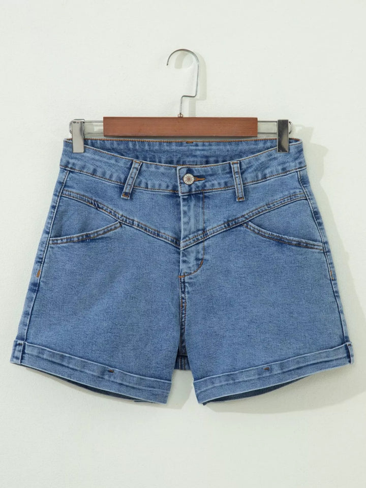 High-rise cuffed denim shorts with double-button waist