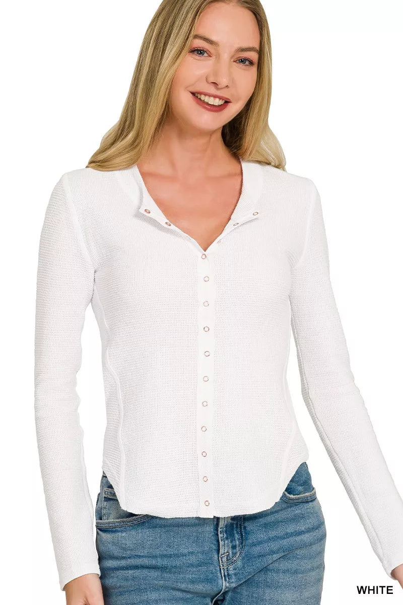 WHITE Waffle knit snap button top with long sleeves