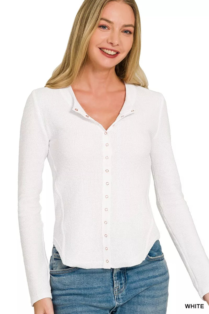 WHITE Waffle knit snap button top with long sleeves