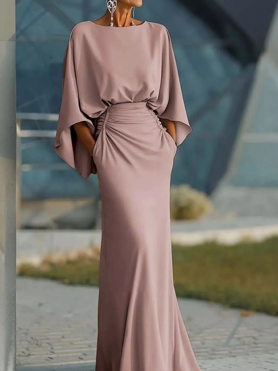 Pink Batwing sleeve maxi dress with ruched waist and pockets