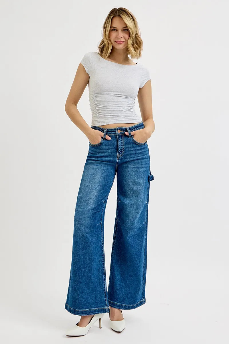 High-rise wide leg carpenter jeans with patch detail