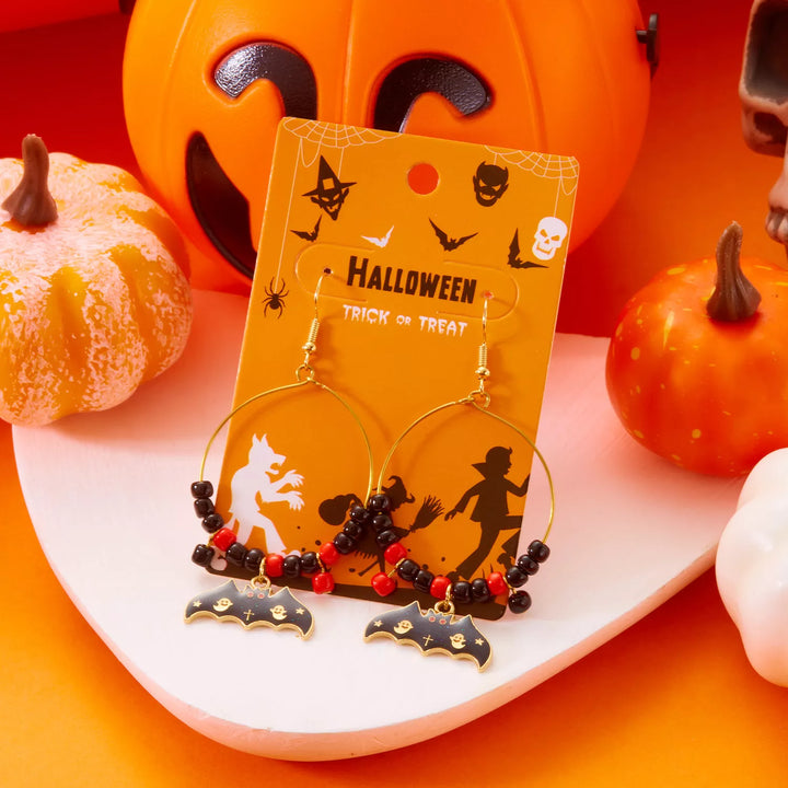 Beaded bat charm drop hoop earrings with ghost detail