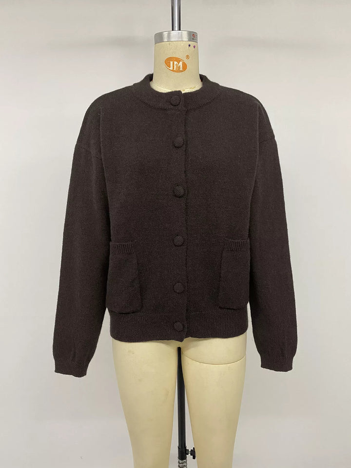 Crew neck button-up knit cardigan with patch pockets