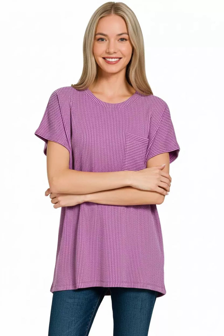Raised rib boxy top with front patch pocket