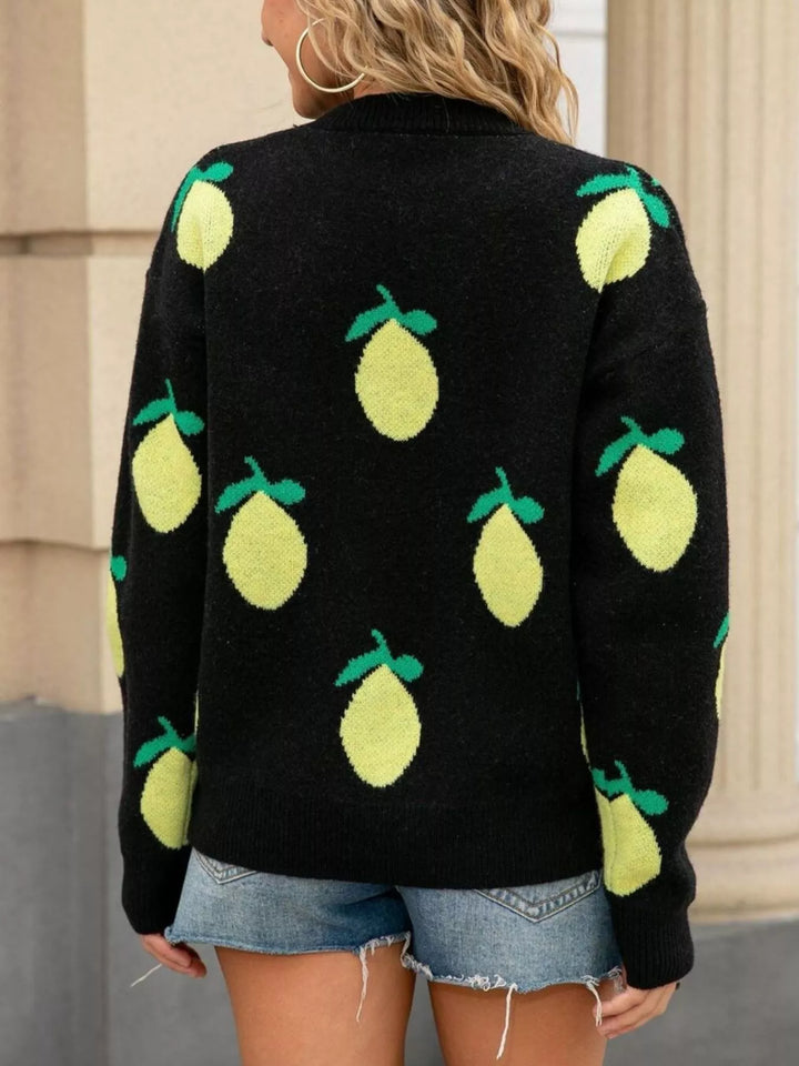 Lemon motif crew neck knit sweater with ribbed trim