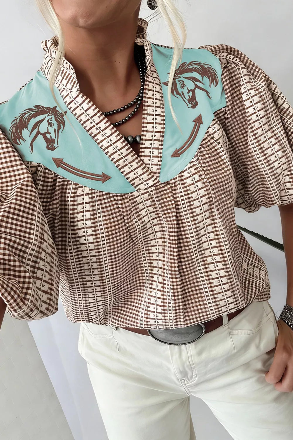 Taupe Embroidered horse yoke gingham puff sleeve blouse