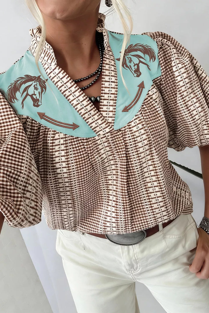 Taupe Embroidered horse yoke gingham puff sleeve blouse