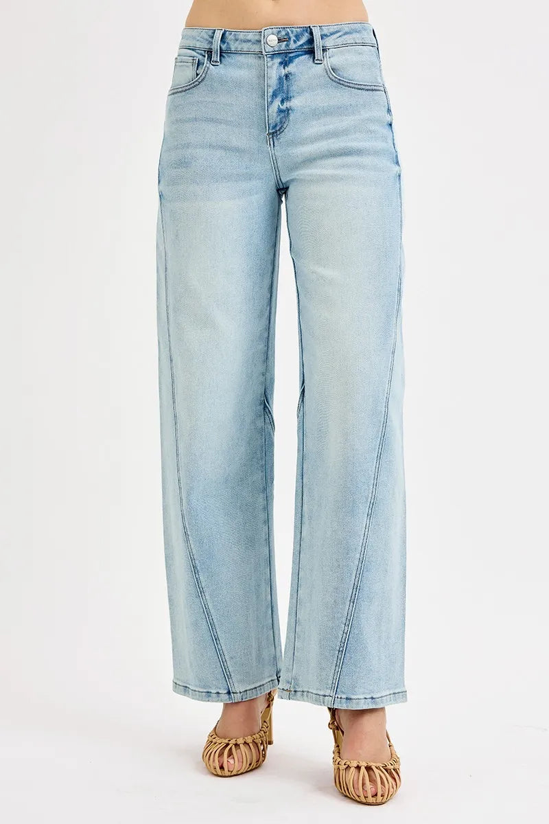 Mid-rise barrel-leg jeans with whiskered wash