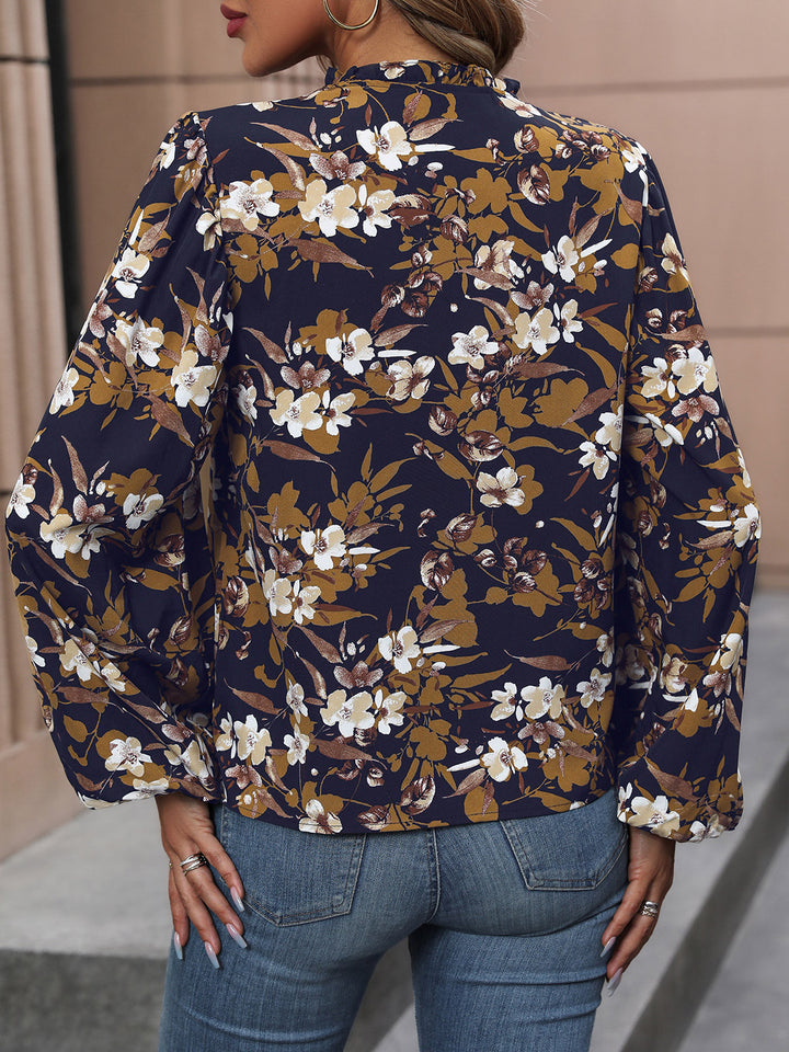 Floral balloon sleeve blouse with notched V-neck