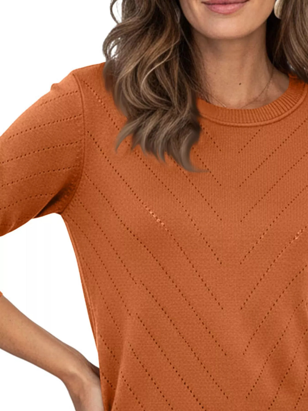 Openwork chevron knit crew neck pullover sweater