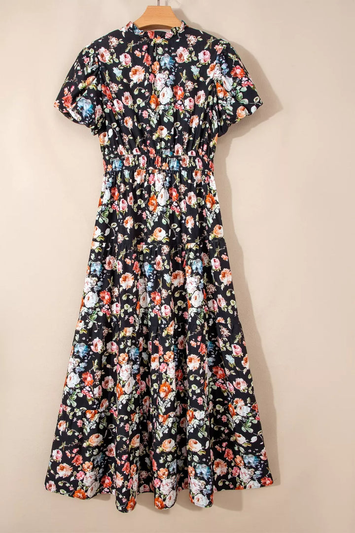 Floral puff sleeve smocked waist tiered maxi dress