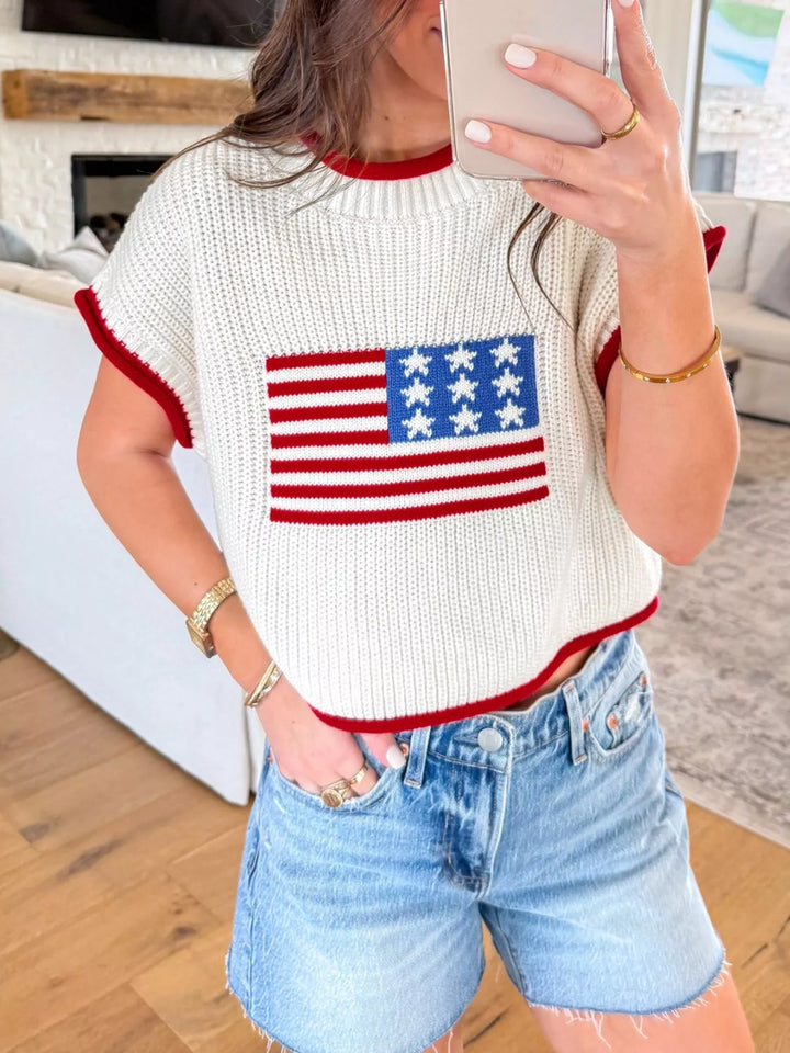 American flag knit short-sleeve sweater top
