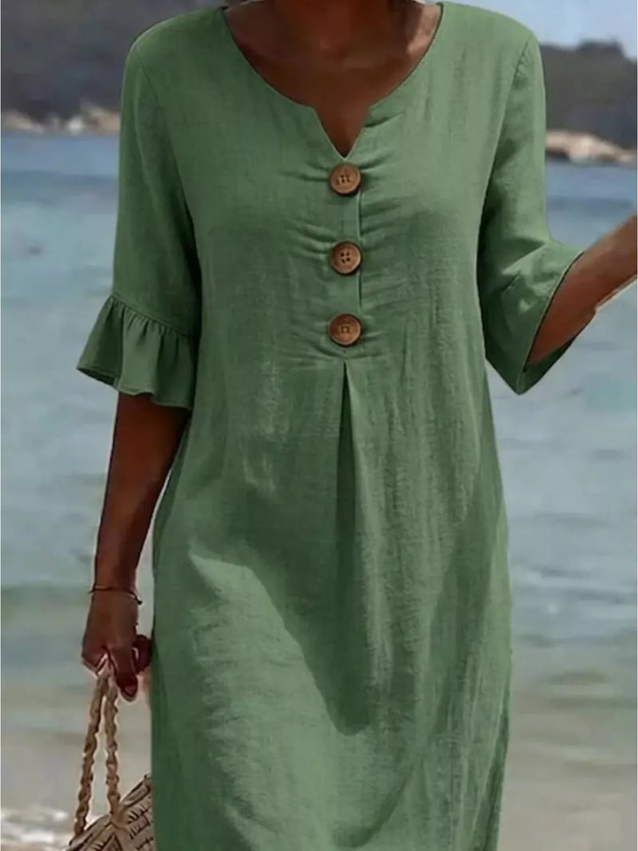Green Flounce sleeve button-front pleated midi dress