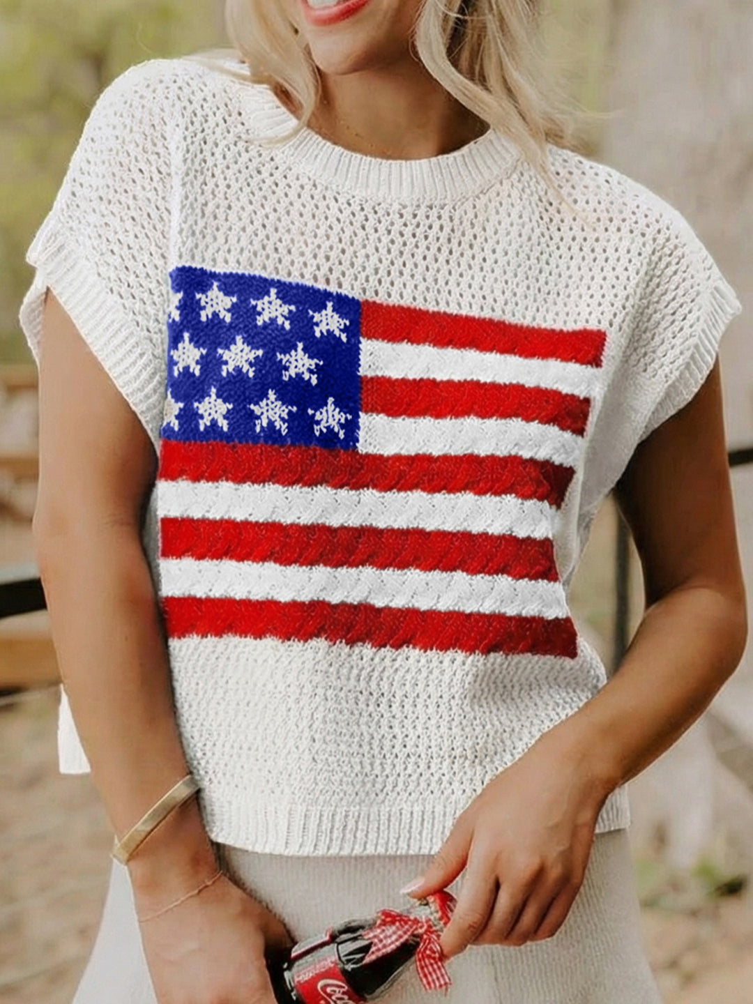 White American flag graphic knit short sleeve sweater