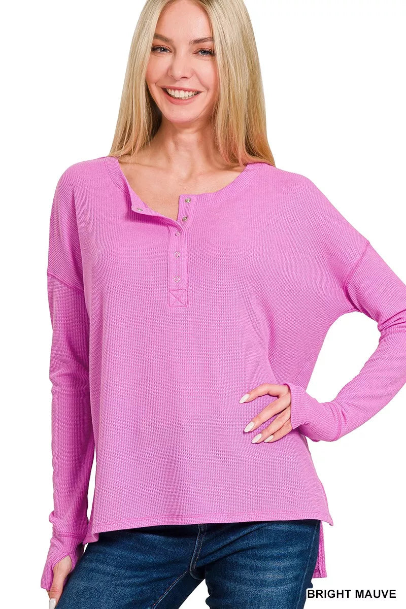 BRIGHT MAUVE Waffle knit henley top with thumb hole cuffs