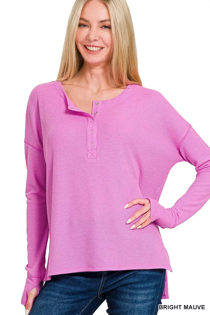 BRIGHT MAUVE Waffle knit henley top with thumb hole cuffs
