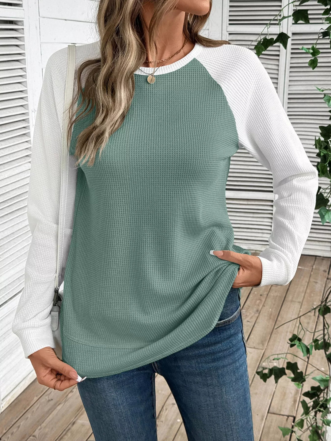Green Contrast raglan waffle knit long sleeve top